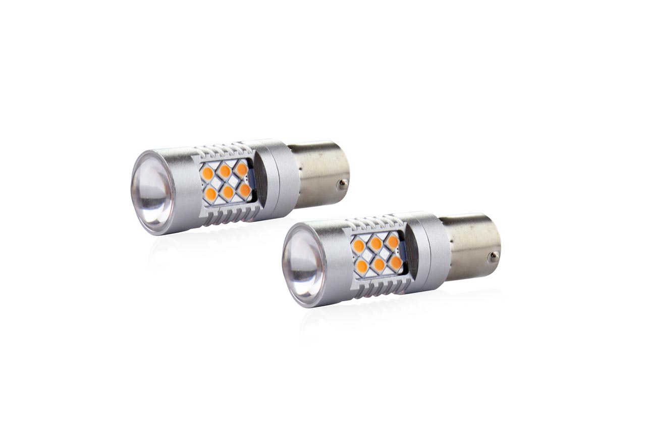 Set becuri auto cu LED CANBUS compatibil P21W BA15S 24 SMD 6.2W Orange 12/24V, destinat competitiilor auto sau off-road