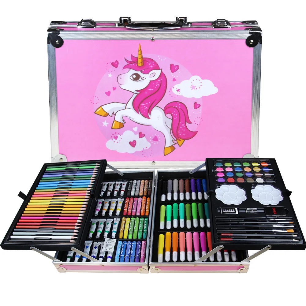 Set 145 piese pentru pictura, pentru copii sau adulti, pixuri de colorat, creioane colorate si vopsele de pictura, cu geanta de transport ROZ UNICORN, model AVX-WT-MONETE145