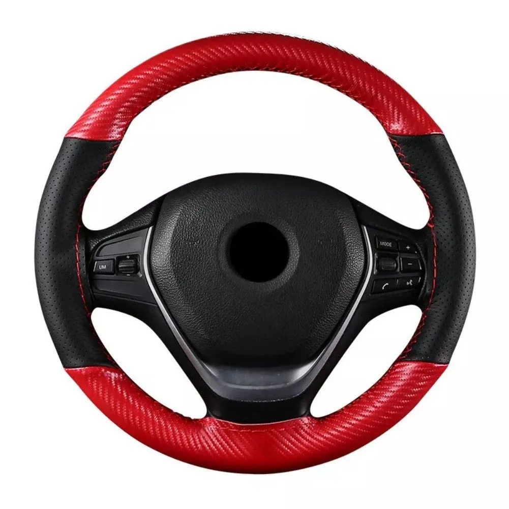 Husa volan din Piele Neagra Perforata + Carbon Red si ata rosie pentru cusut, marime M, diametru 37 - 39 cm